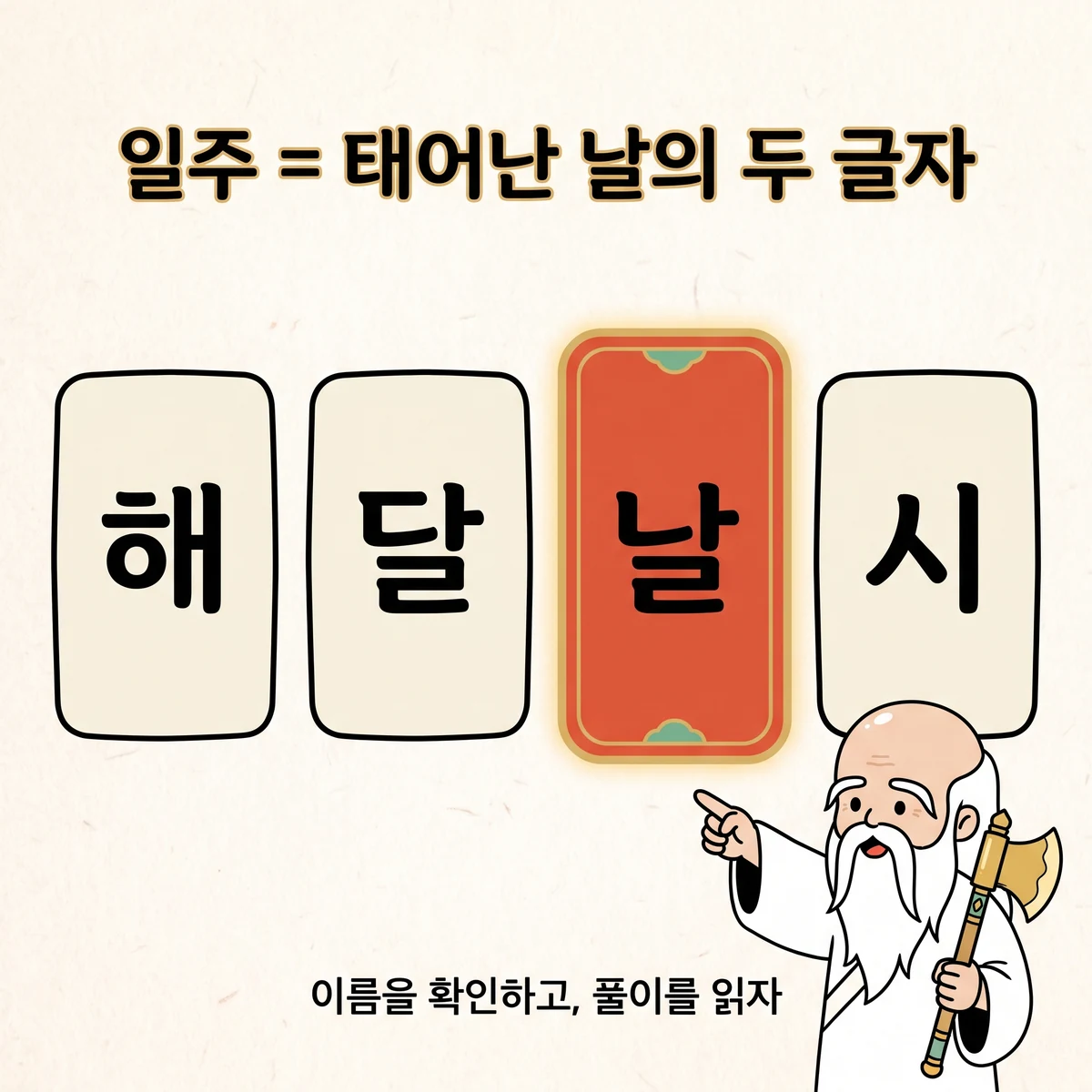 일주를 찾고 두 글자를 확인한 뒤 해석을 읽는 순서 카드